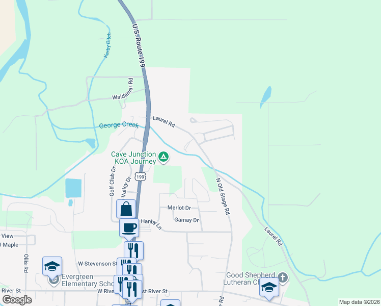 map of restaurants, bars, coffee shops, grocery stores, and more near 489-495 Laurel Rd in Cave Junction