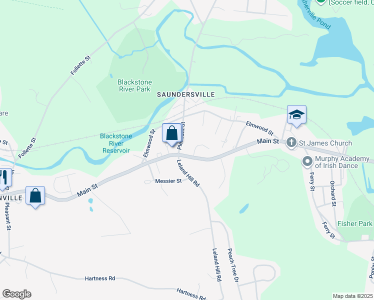 map of restaurants, bars, coffee shops, grocery stores, and more near 185 Pleasant Street in Grafton