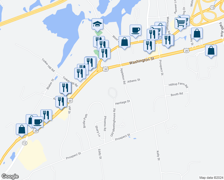 map of restaurants, bars, coffee shops, grocery stores, and more near 145 Old Meetinghouse Road in Auburn