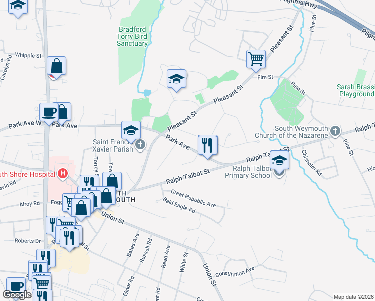 map of restaurants, bars, coffee shops, grocery stores, and more near 225 Park Avenue in Weymouth