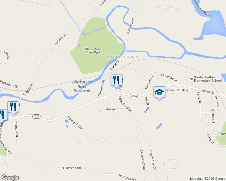 map of restaurants, bars, coffee shops, grocery stores, and more near 9 Goldenrod Court in Grafton