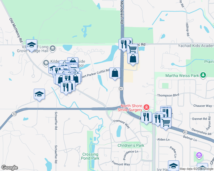 map of restaurants, bars, coffee shops, grocery stores, and more near 4156 Wildwood Lane in Long Grove