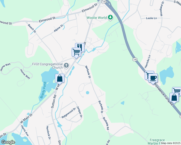 map of restaurants, bars, coffee shops, grocery stores, and more near 29 Burbank Street in Millbury