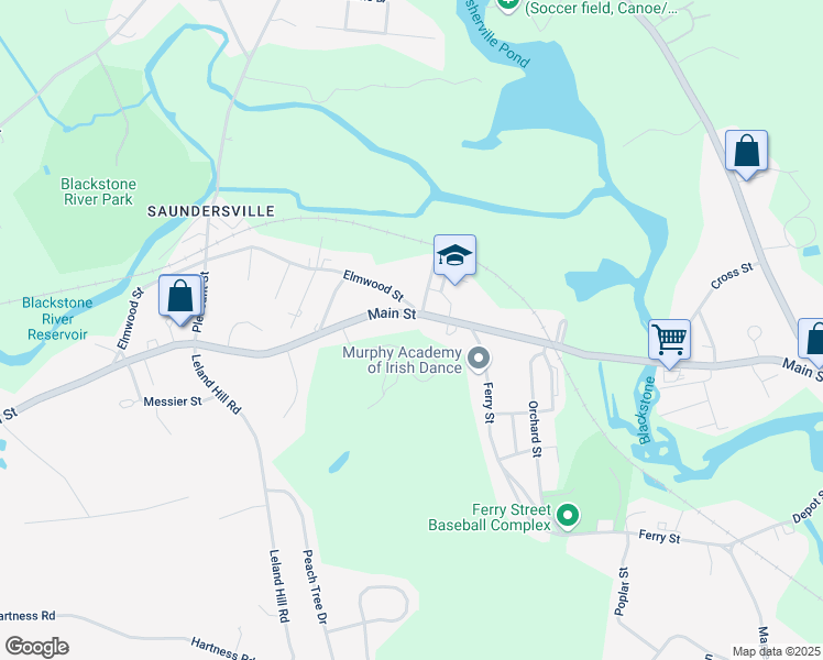 map of restaurants, bars, coffee shops, grocery stores, and more near 95 Main Street in Grafton