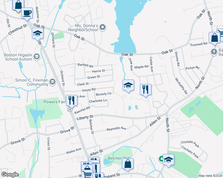 map of restaurants, bars, coffee shops, grocery stores, and more near 57 Vesey Road in Randolph