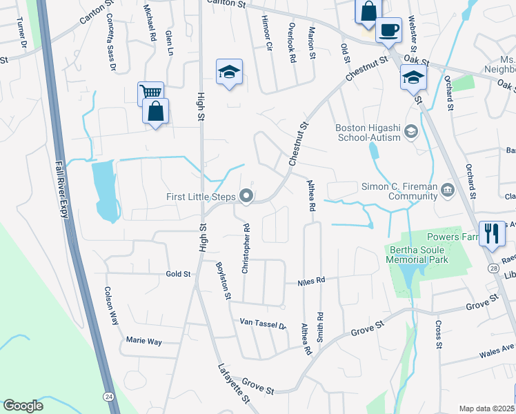 map of restaurants, bars, coffee shops, grocery stores, and more near 301 Chestnut Street in Randolph