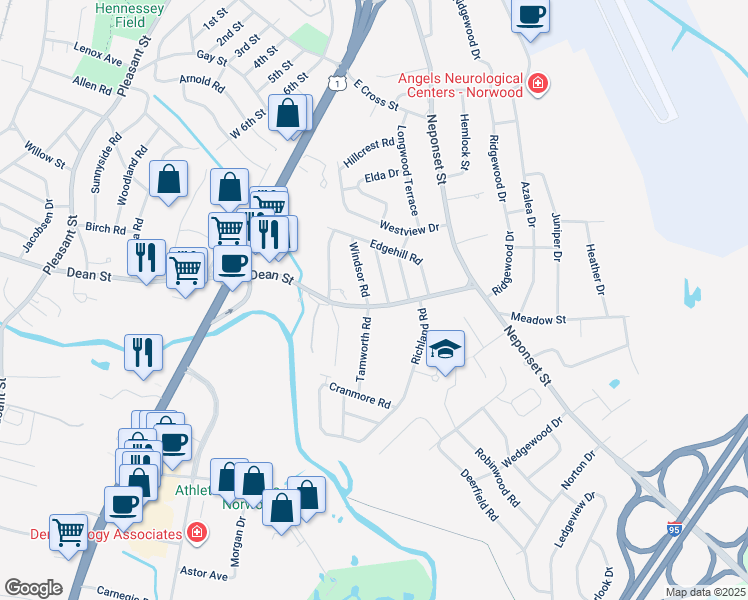 map of restaurants, bars, coffee shops, grocery stores, and more near 15 Lancaster Lane in Norwood