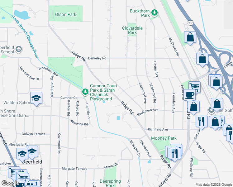 map of restaurants, bars, coffee shops, grocery stores, and more near 1424 Sunnyside Avenue in Highland Park
