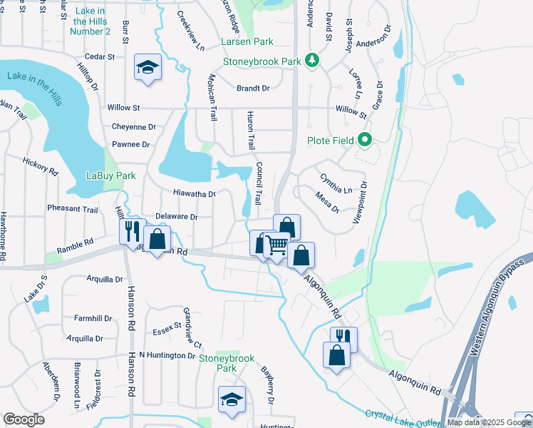 map of restaurants, bars, coffee shops, grocery stores, and more near 305 Pyott Road in Lake in the Hills