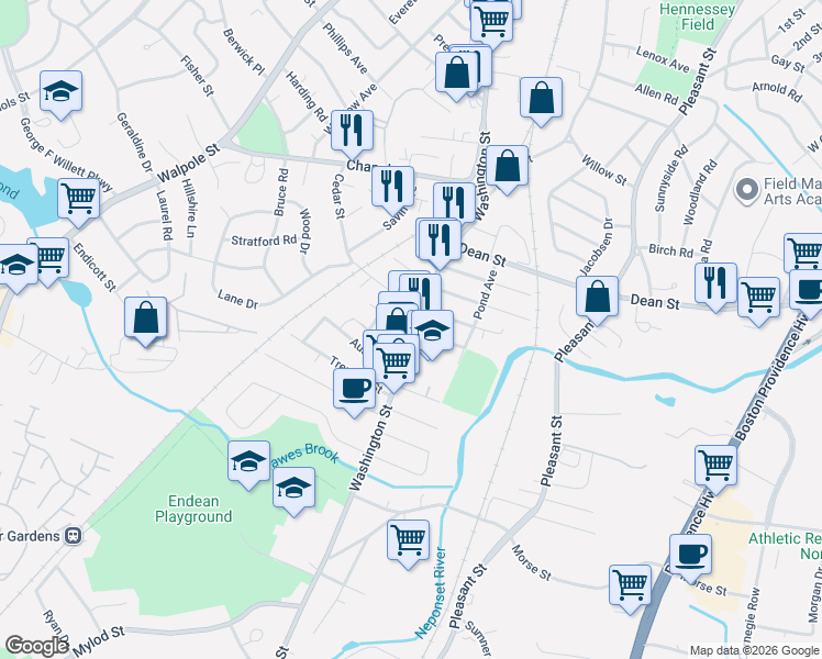map of restaurants, bars, coffee shops, grocery stores, and more near 15 Weld Avenue in Norwood