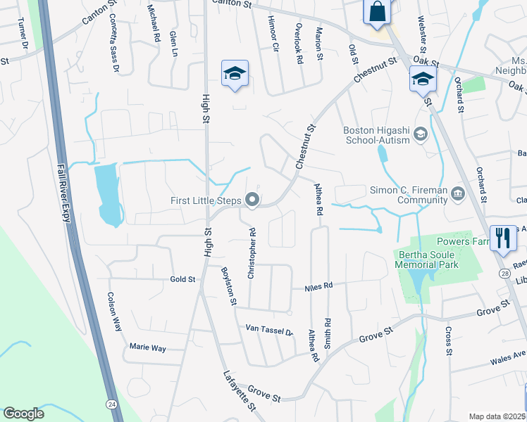 map of restaurants, bars, coffee shops, grocery stores, and more near 301 Chestnut Street in Randolph