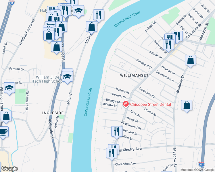 map of restaurants, bars, coffee shops, grocery stores, and more near 101 Bonner Street in Chicopee