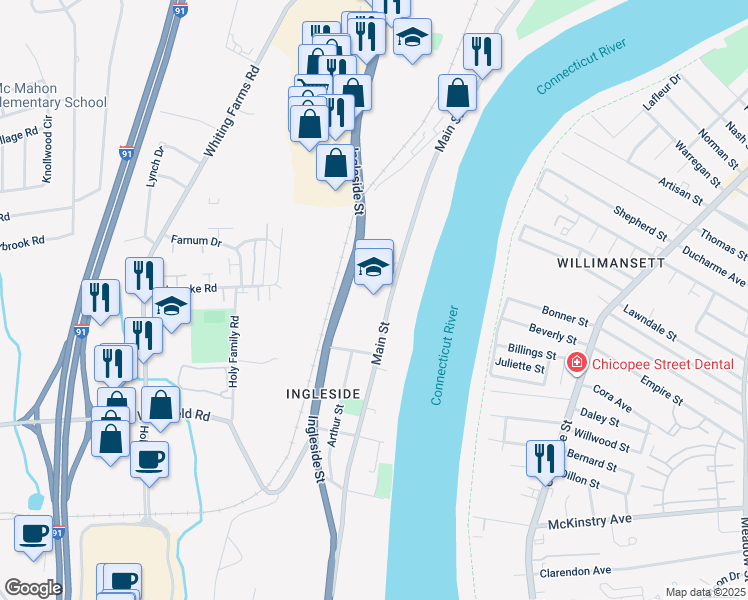 map of restaurants, bars, coffee shops, grocery stores, and more near 1045 Main Street in Holyoke