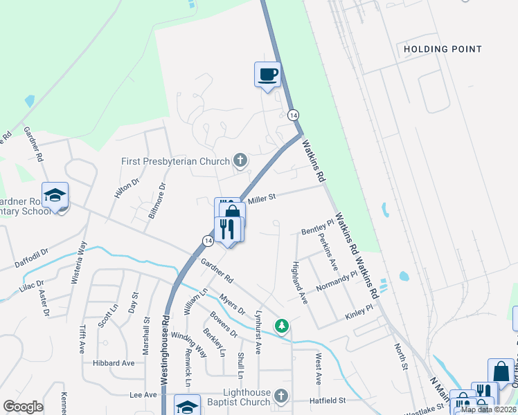 map of restaurants, bars, coffee shops, grocery stores, and more near 150 Miller St in Horseheads