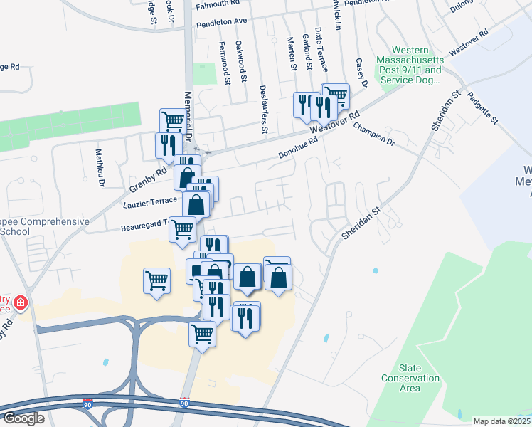 map of restaurants, bars, coffee shops, grocery stores, and more near 103 Maui Drive in Chicopee