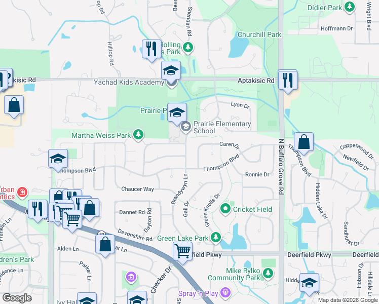 map of restaurants, bars, coffee shops, grocery stores, and more near 710 Kingsbridge Way in Buffalo Grove