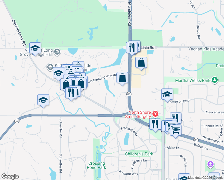 map of restaurants, bars, coffee shops, grocery stores, and more near 4156 Wildwood Lane in Long Grove