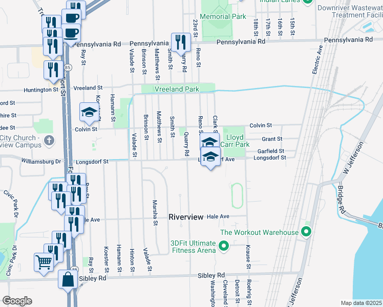 map of restaurants, bars, coffee shops, grocery stores, and more near 17796 Quarry Road in Riverview