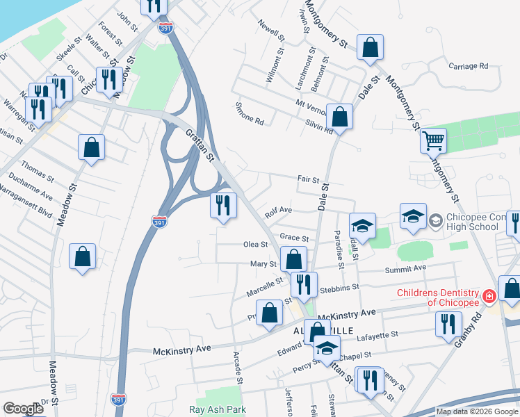 map of restaurants, bars, coffee shops, grocery stores, and more near 23 Dartmouth Street in Chicopee