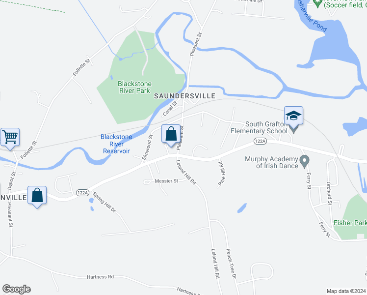 map of restaurants, bars, coffee shops, grocery stores, and more near 187 Pleasant Street in Grafton