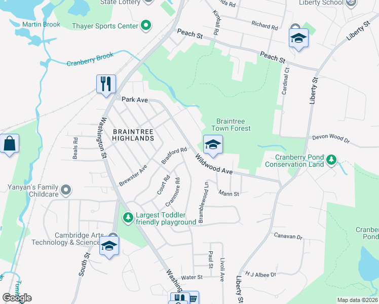 map of restaurants, bars, coffee shops, grocery stores, and more near 84 Wildwood Avenue in Braintree