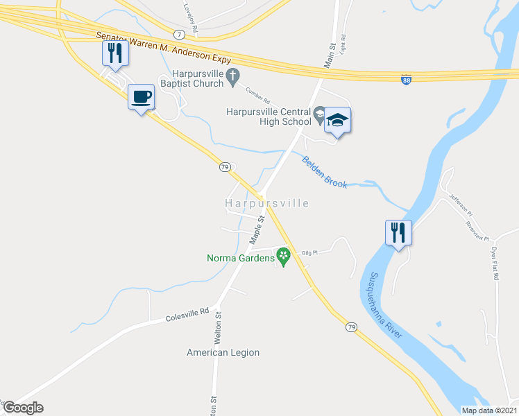 map of restaurants, bars, coffee shops, grocery stores, and more near 73 Maple Street in Harpursville