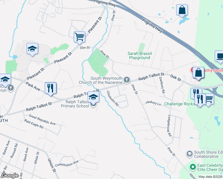 map of restaurants, bars, coffee shops, grocery stores, and more near 341 Ralph Talbot Street in Weymouth
