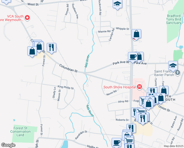 map of restaurants, bars, coffee shops, grocery stores, and more near 158 Park Ave W in Weymouth