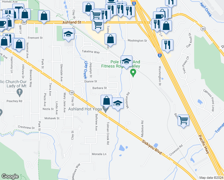 map of restaurants, bars, coffee shops, grocery stores, and more near 2530 Springhill Drive in Ashland