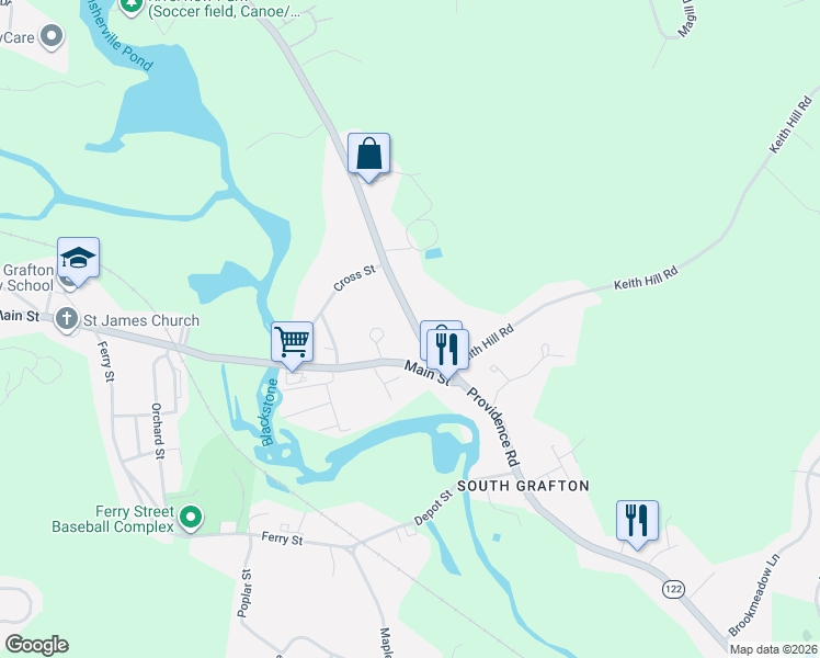 map of restaurants, bars, coffee shops, grocery stores, and more near 267 Providence Road in Grafton