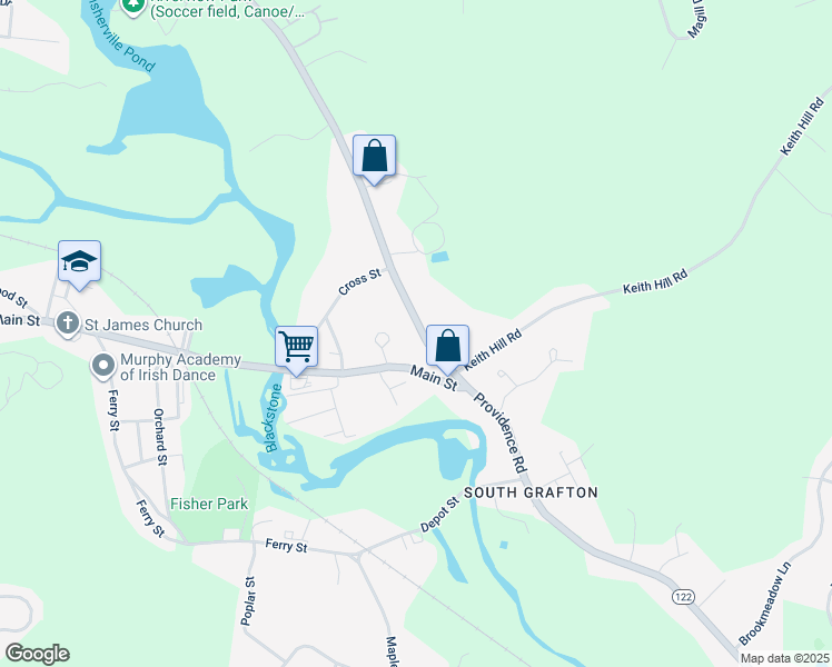 map of restaurants, bars, coffee shops, grocery stores, and more near 267 Providence Road in Grafton