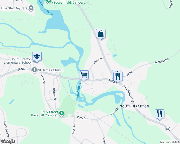 map of restaurants, bars, coffee shops, grocery stores, and more near 20 D Cross Street in Grafton