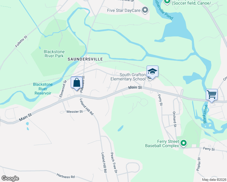 map of restaurants, bars, coffee shops, grocery stores, and more near 9 Farnum Street in Grafton