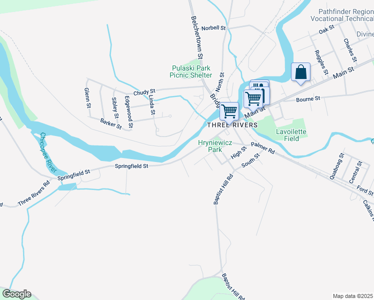 map of restaurants, bars, coffee shops, grocery stores, and more near 50 Springfield Street in Palmer