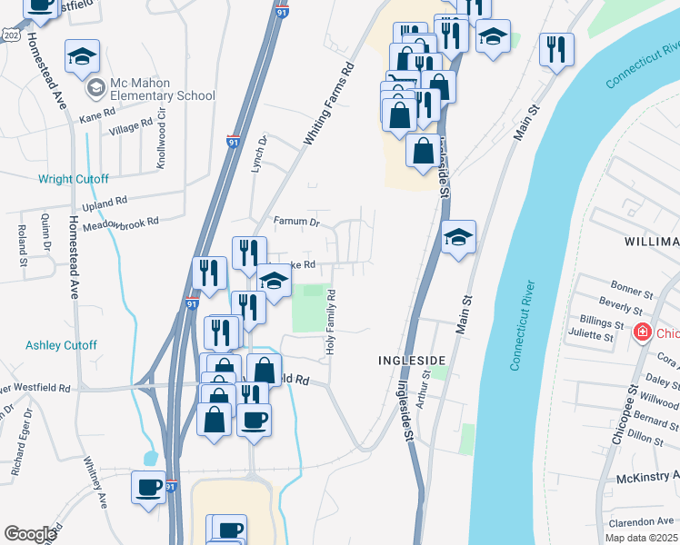 map of restaurants, bars, coffee shops, grocery stores, and more near 89 Farnum Drive in Holyoke
