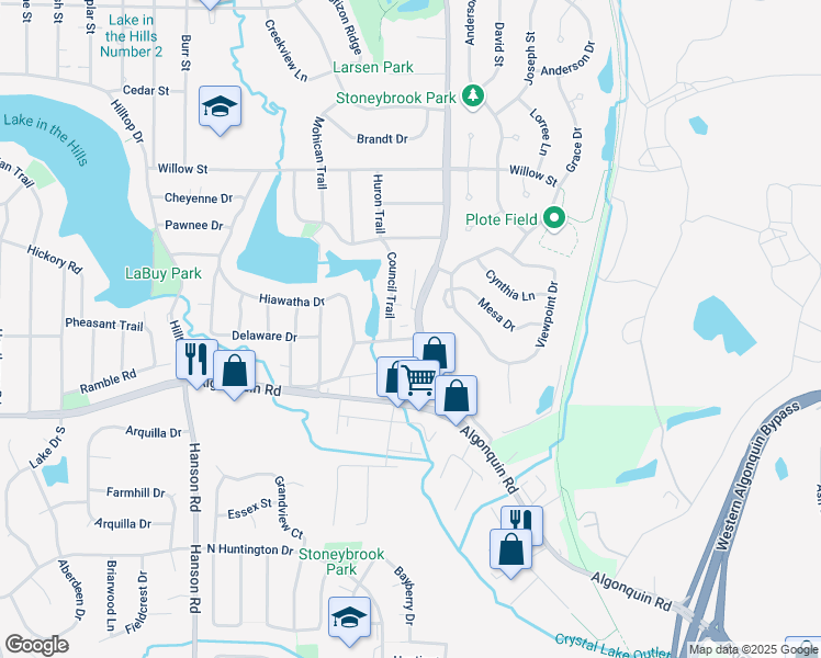 map of restaurants, bars, coffee shops, grocery stores, and more near 305 Pyott Road in Lake in the Hills