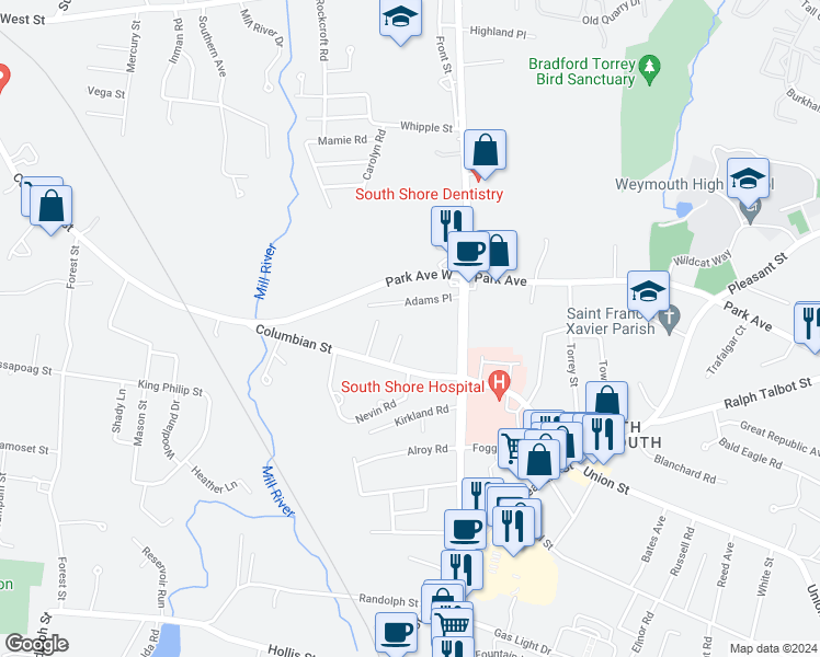 map of restaurants, bars, coffee shops, grocery stores, and more near 33 Cypress Street in Weymouth