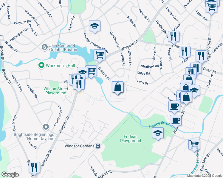 map of restaurants, bars, coffee shops, grocery stores, and more near 61 Endicott Street in Norwood