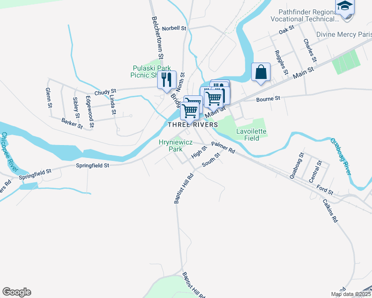 map of restaurants, bars, coffee shops, grocery stores, and more near 9 Front Street in Palmer