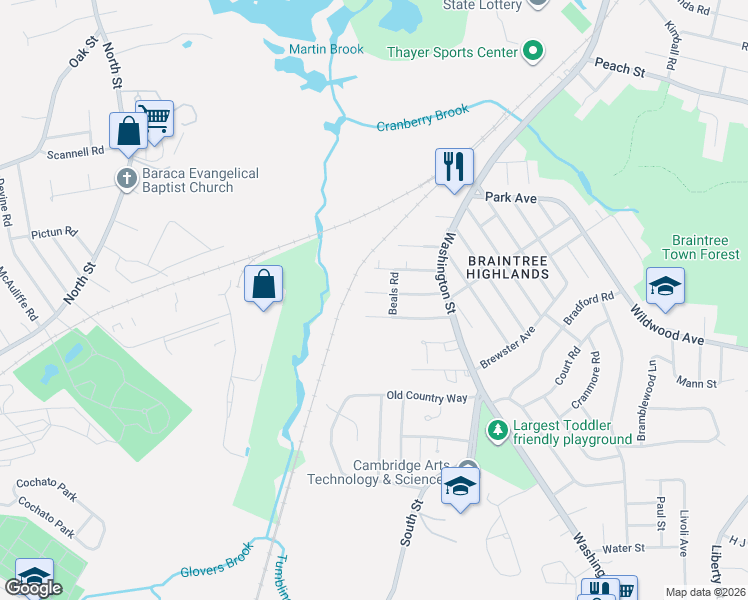 map of restaurants, bars, coffee shops, grocery stores, and more near 57 Hillview Road in Braintree