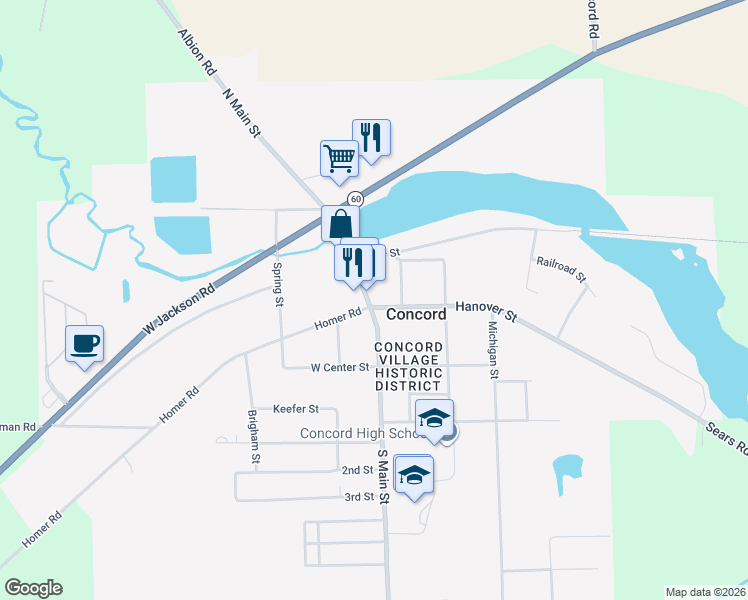 map of restaurants, bars, coffee shops, grocery stores, and more near 115 North Main Street in Concord
