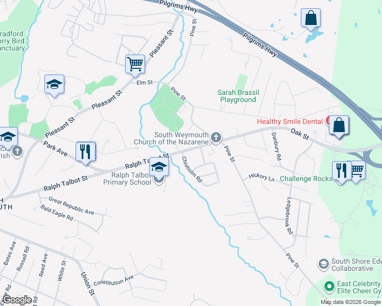 map of restaurants, bars, coffee shops, grocery stores, and more near 355 Ralph Talbot Street in Weymouth