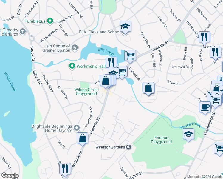 map of restaurants, bars, coffee shops, grocery stores, and more near 476-478 Walpole Street in Norwood