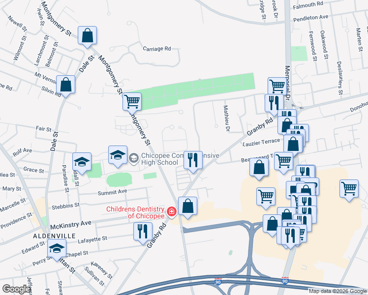 map of restaurants, bars, coffee shops, grocery stores, and more near 90 Parenteau Drive in Chicopee