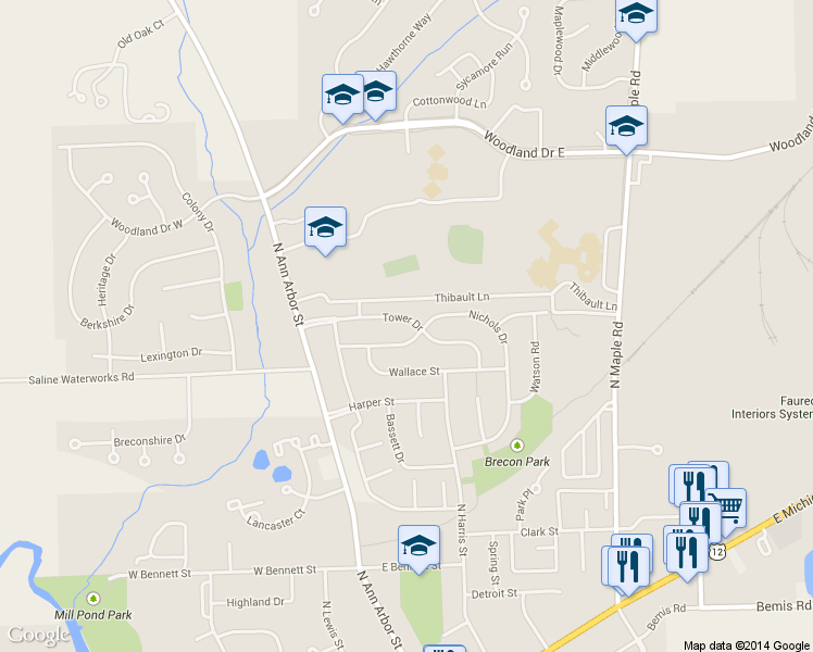 map of restaurants, bars, coffee shops, grocery stores, and more near 174 Tower Drive in Saline