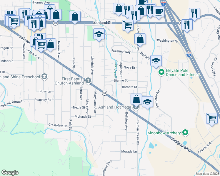 map of restaurants, bars, coffee shops, grocery stores, and more near 849 Blackberry Lane in Ashland