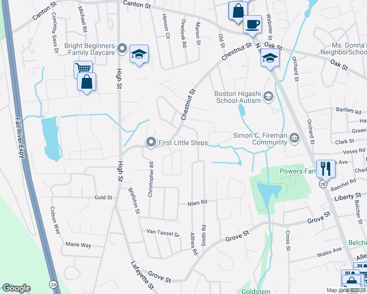 map of restaurants, bars, coffee shops, grocery stores, and more near 12 Rose Way in Randolph