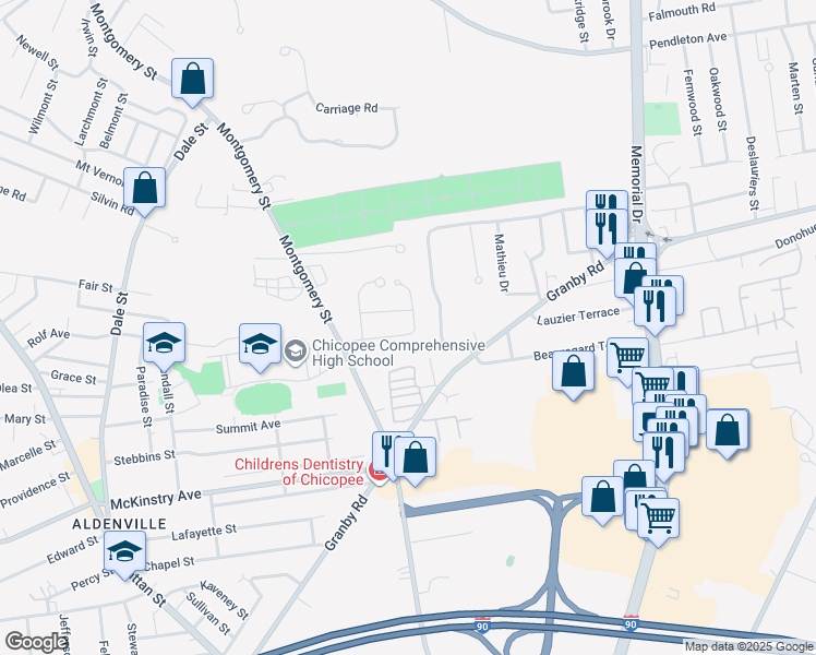 map of restaurants, bars, coffee shops, grocery stores, and more near 90 Parenteau Drive in Chicopee