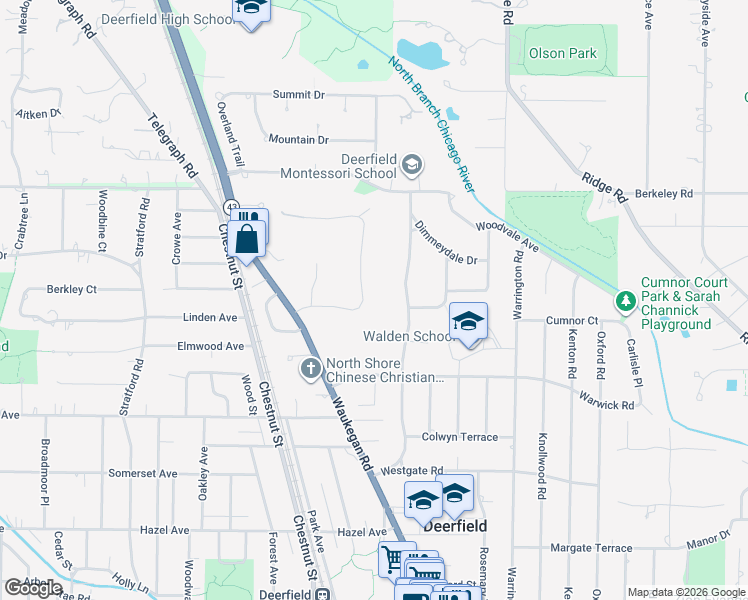 map of restaurants, bars, coffee shops, grocery stores, and more near 1411 Northwoods Road in Deerfield