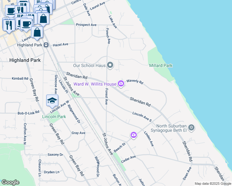 map of restaurants, bars, coffee shops, grocery stores, and more near 1440 Sheridan Road in Highland Park